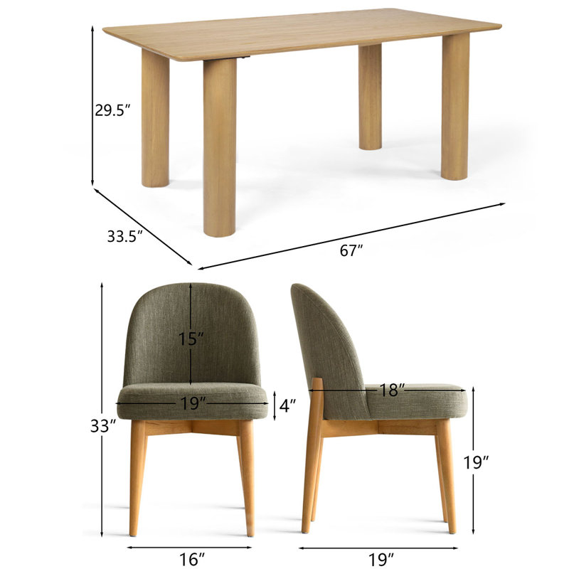 7-Piece Rectangular Solid Wood Dining Set with 6 Linen Chairs, Green