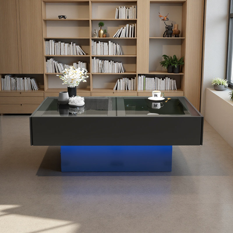Table basse avec plateau coulissant, table centrale avec compartiment de rangement caché, table extensible pour le salon