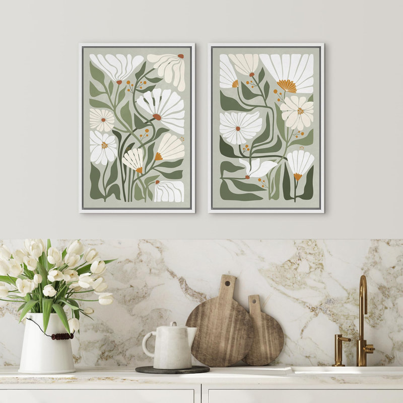 Abstrait floral, art botanique contemporain contemporain, art mural, nature nordique, 2 pièces, H 36 po x l 24 po, Blanc