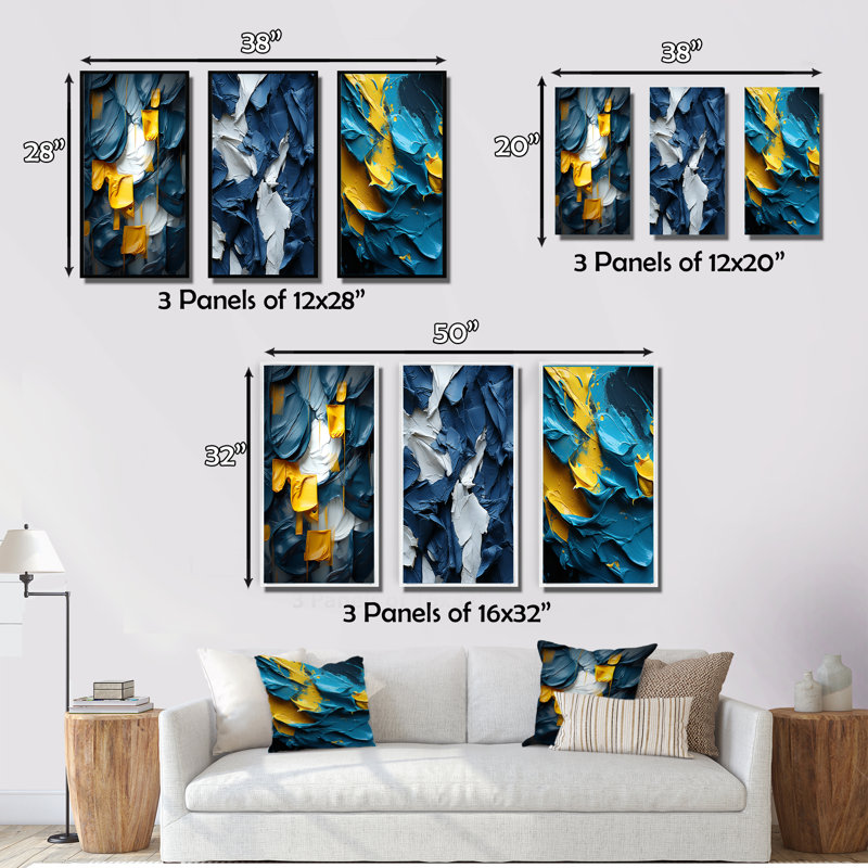 «Spring Bliss Abstract Turquoise and Yellow I», ensemble de 3 reproductions, Cadre flottant noir, H 40 po x l 60 po