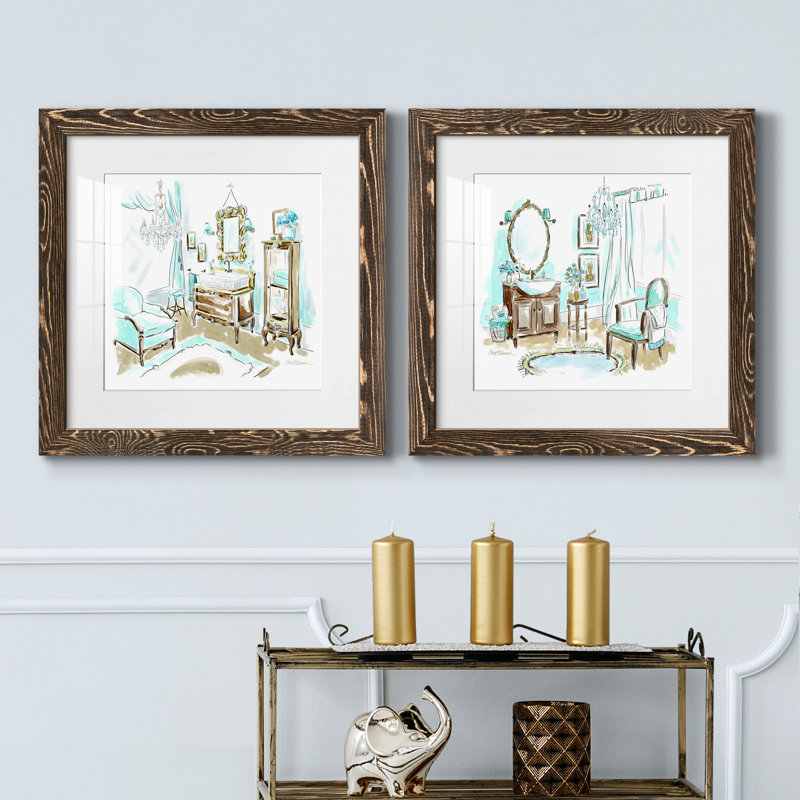 Blue Opulence I - ensemble de 2 peintures encadrées, H 17 po x l 34 po x P 1,5 po, Encadré de bois de noyer