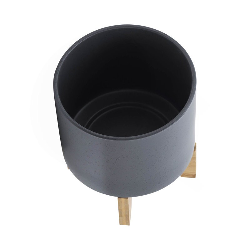 8" PLANTER W/ WOOD STAND, MATTE GRAY