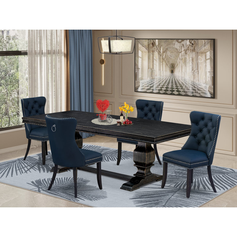 5-piece dining set includes a dinner table and 4 Navy Blue Polyester Fabric kitchen Chairs with Button Tufted Chair Back - Sand Blasting Black Finish.