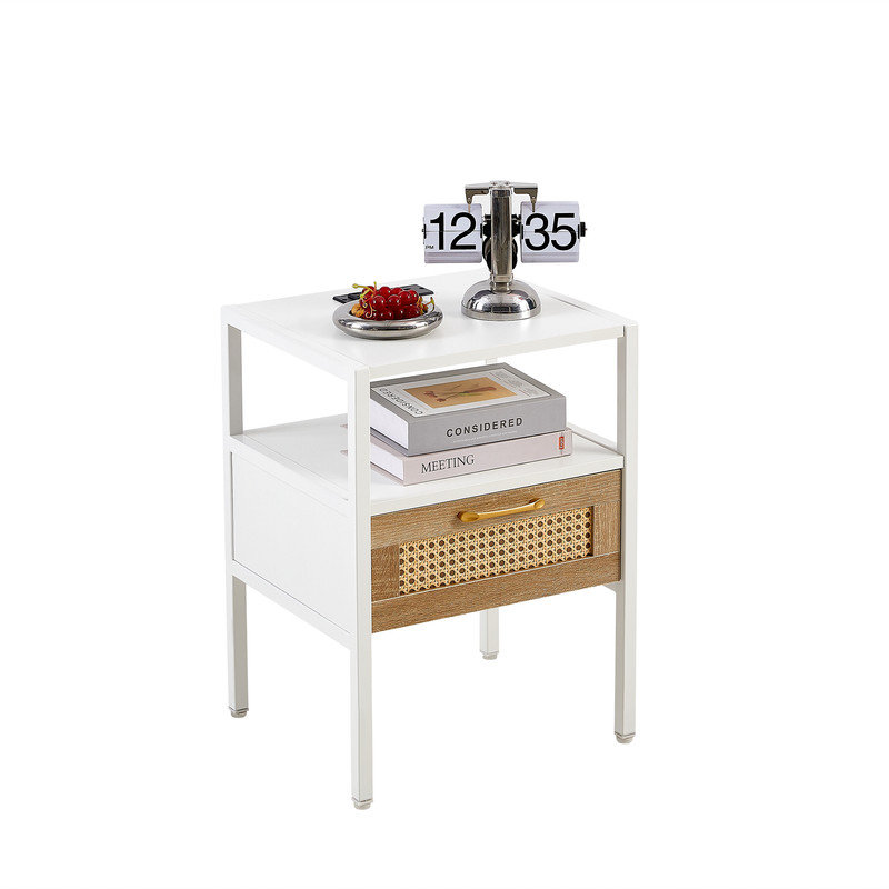 Set of 2 White and Rattan End Tables with USB Ports and Metal Legs