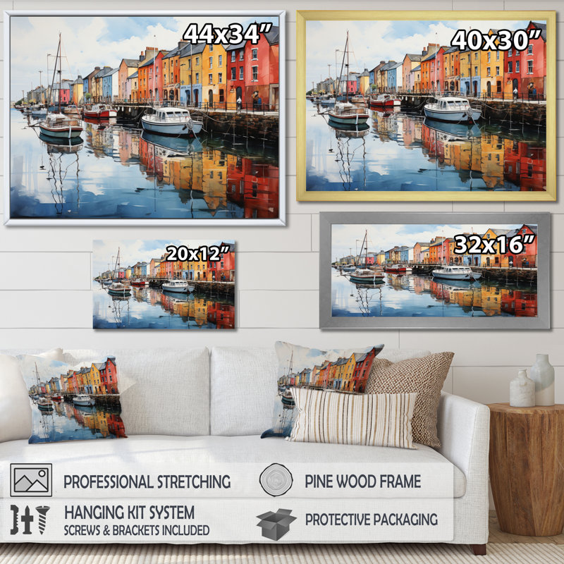 Impression sur toile «Ireland Harbor Reflectionsan II» - Irlande, Cadre simple noir, H 24 po x l 32 po x P 1 po