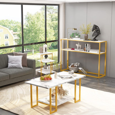 Imitation Marble Textured Rectangular Living Room Table Set: 2-Story Coffee Table+3-Story Side Table+2-Story Shelf, Gold Metal Frame