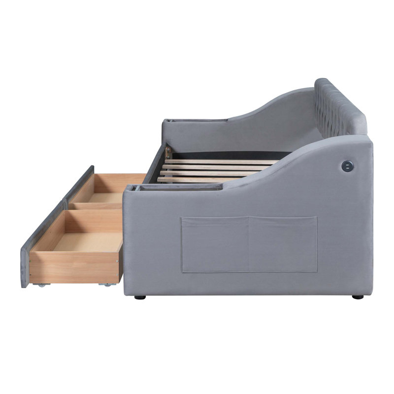 Lit de jour rembourré avec accoudoirs de rangement et port USB, gris