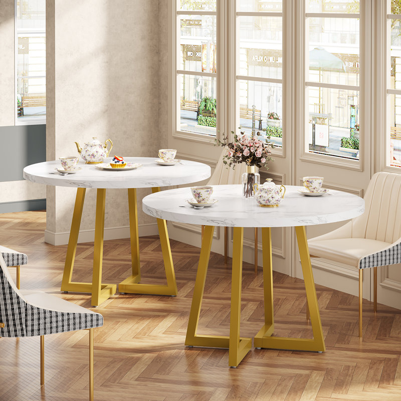 31.5" Round Dining Table for 2 (Set of 2), White & Gold
