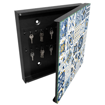 Key storage cabinet, Opens to the right, 30x30x5, White, A variety of patterns in blue and yellow tones, 