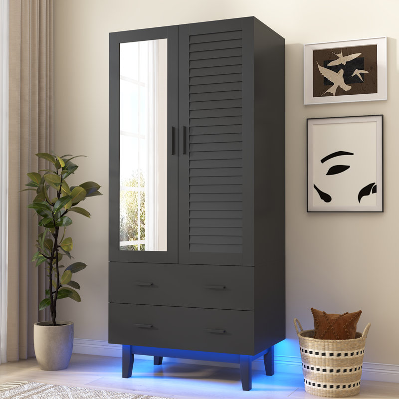 Armoire haute 70 po avec miroir, lumières DEL et tringle, Noir, noir, noir, noir