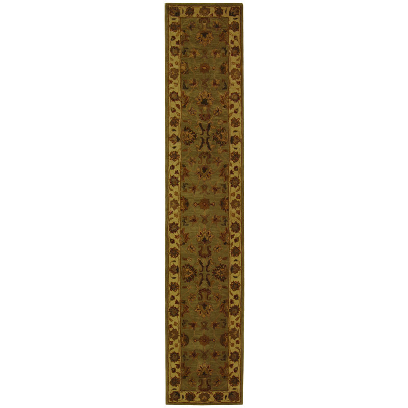 Tapis vert / doré en laine touffeté à la main Cranmore, Tapis de couloir 2 pi 3 po x 12 pi