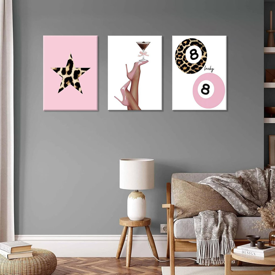 Trendy Pink Leopard Wall Art Set Of 3 Funky Retro Cheetah Canvas Wall Decor Lucky 8 Ball Poster Prints Preppy Aesthetic Pictures Artwork For Girls Roo