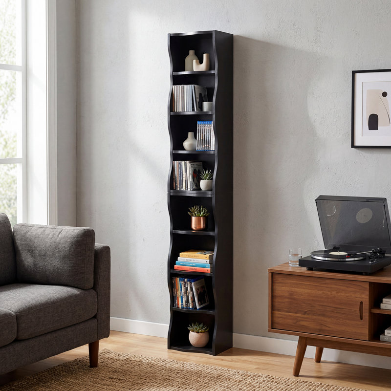 8-Layer Adjustable Bookshelf, Black Finish, Wavy Border Design, 11.6"L×9.3"W×70.9"H, Space-Saving for Home Office, Black