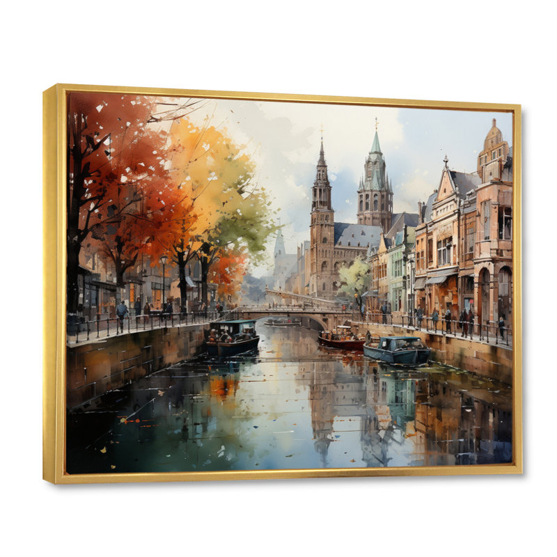 Paysage urbain de Beige Canal Urban Reflections - impression, Cadre flottant doré, H 24 po x l 32 po x P 1 po