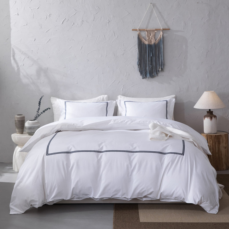 Ensemble de housse de couette en satin de coton 500 fils , Housse de couette pour grand lit et 2 taies décor, Emb marine
