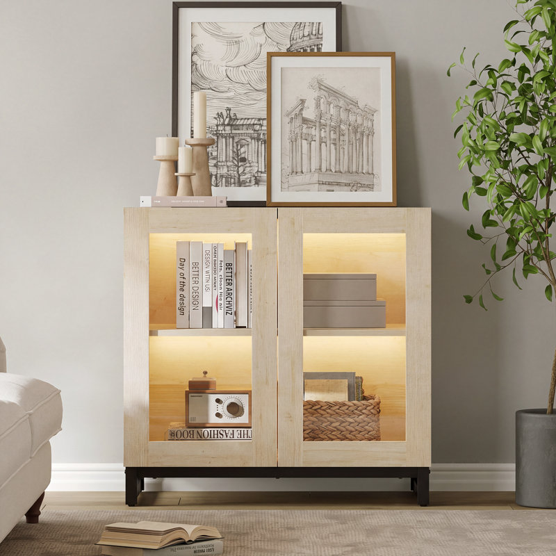 Armoire d'appoint moderne avec 2 portes en verre, commode d'appoint multifonctionnelle avec grand rangement et tablette réglable