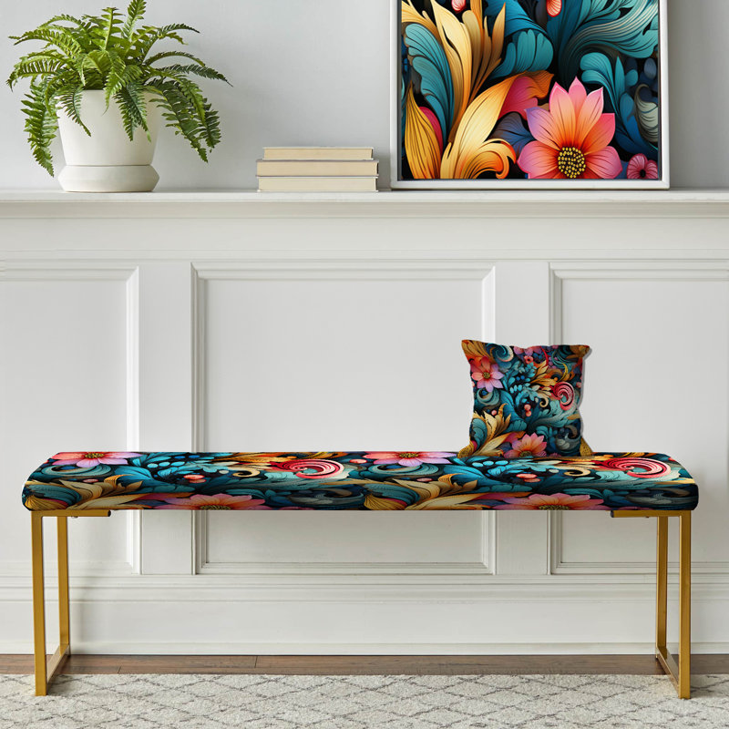 Upholstered Gold Bench, Vibrant Blue Flower Garden Elegance