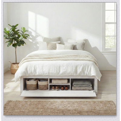 Platform Bed Frame With 4 Storage Drawers And Hydraulic Lift Footboard Storage, No Headboard, Modern Space-Saving Design