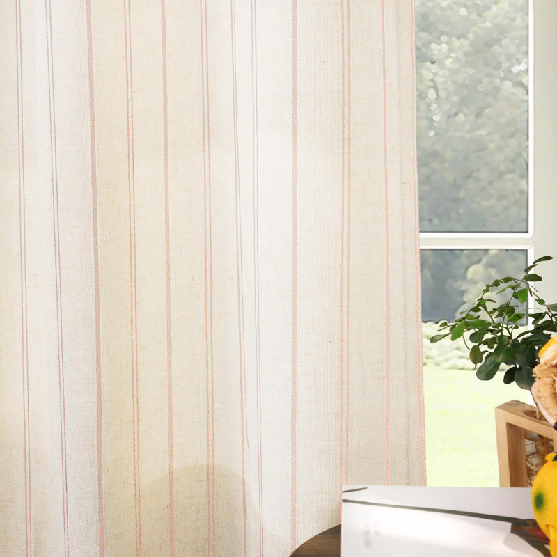 Farmhouse Linen Blend Stripe Semi-Sheer Grommets Curtain Pair, 52" W x 84" L, Pink