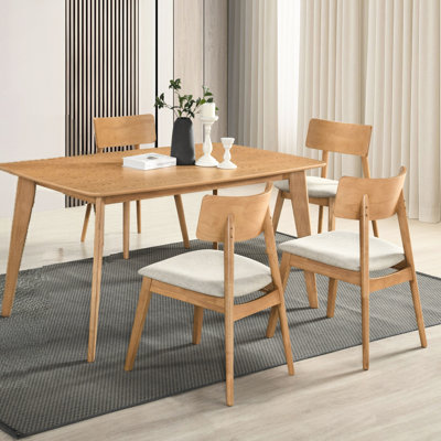 Style 5pcs Dining , Rectangular Table, Beige Fabric Upholstered Curve Back Chairs, Natural Oak Finish, Seats 4