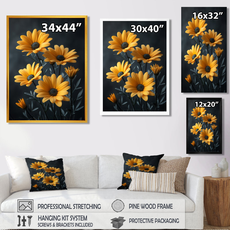 Monochromes jaunes, noirs, rustiques, beauté, marguerites I - marguerites, art mural, salon, Cadre flottant noir