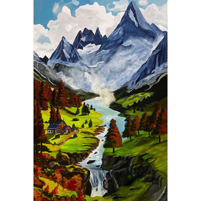 House in Mountains Poster on Choksey Paper by Kanishk Gautam 36" H x 24" W Framed Landscape Wall Art Cabin Decor