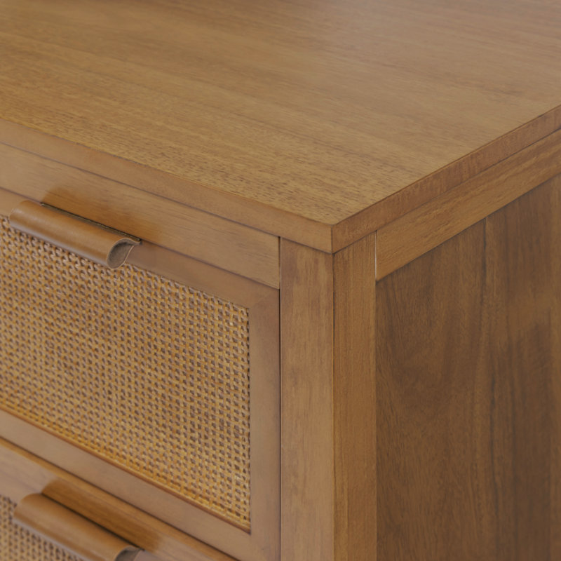 Ameer Modern Boho 4-Drawer Dresser with Rattan Inlay Fronts, Faux Leather Pulls & Solid Wood For Bedroom Storage Organization