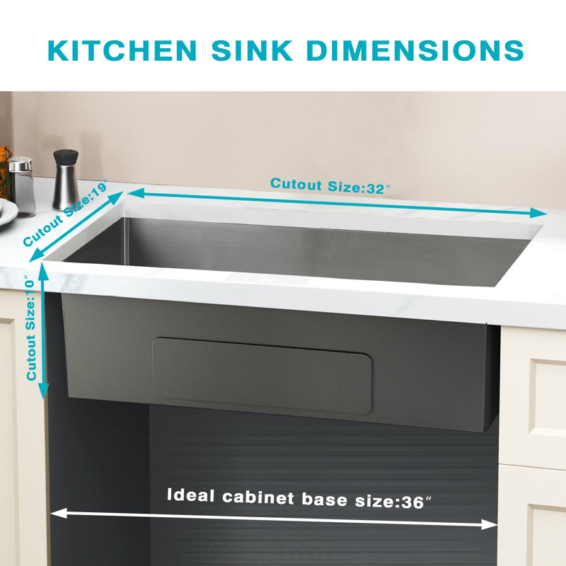 32" Undermount Kitchen Sink, 16-Gauge T-304 Stainless Steel Workstation Sink, 10" Deep, Brushed Finish, w/ Bottom Grid & Drain Kit