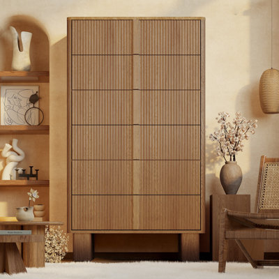 Commode haute 6 tiroirs pour chambre à coucher, commode moderne de 51 po de hauteur avec plateau en faux marbre, organisateur de tiroir en bois de roseau pour chambre à coucher, salon, couloir