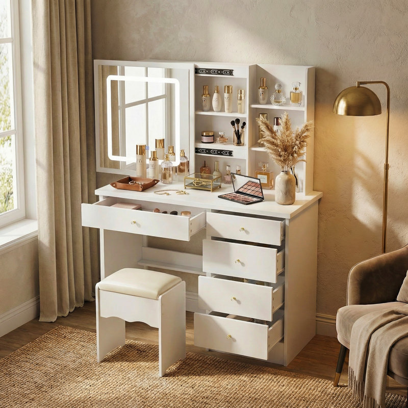 Makeup Vanity Set with Sliding LED Mirror, 5 Drawers, Hidden Storage & Cushioned Stool, White