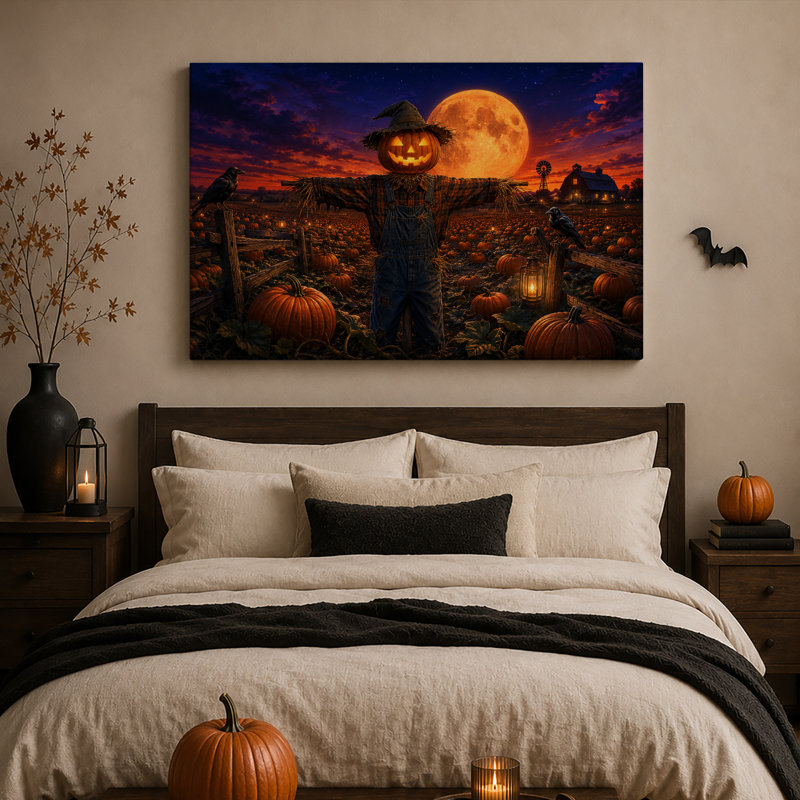 Épouvantail à tête de citrouille dans un champ de citrouilles - Toile murale d'Halloween, 16"H x 24"W