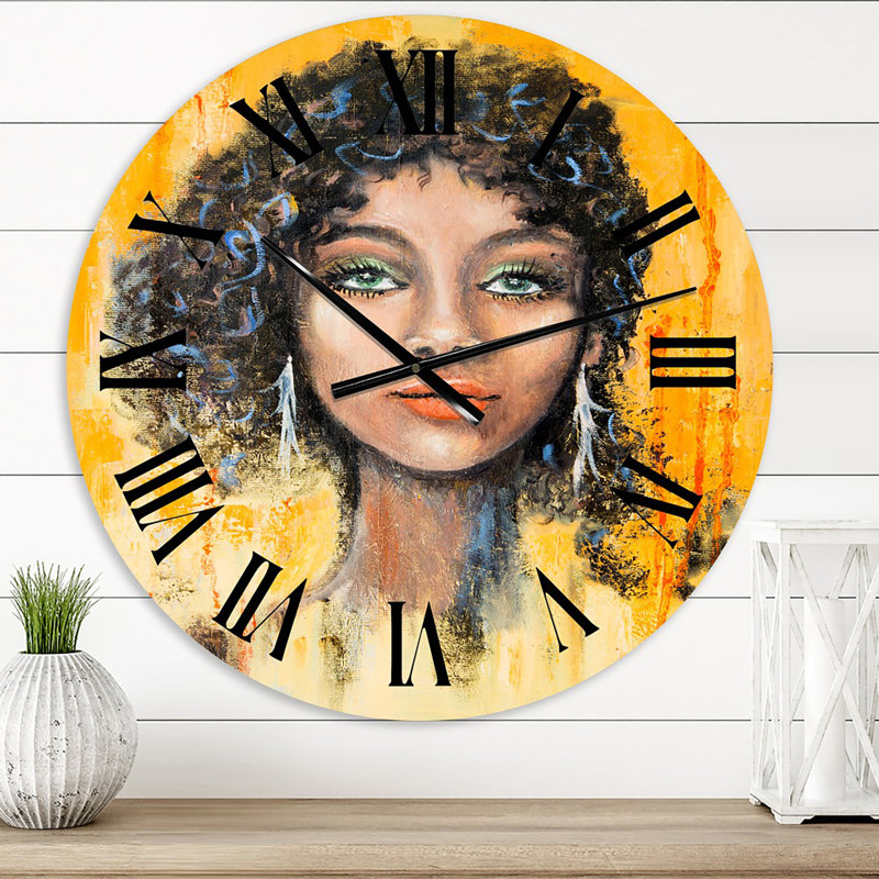 Woman Face With Green Eyes & Black Hair Impression - Modern wall clock, Small