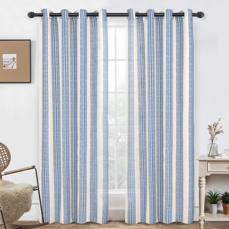 Rideaux semi-transparents en lin avec motif à rayures Chris, Bleu marine jean, L 52 po x L 84 po