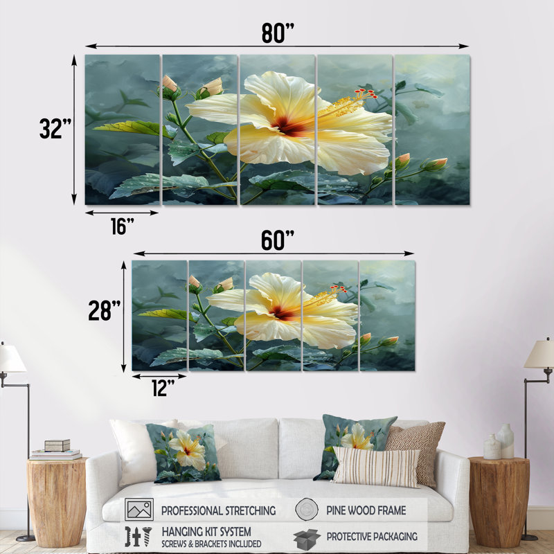 Ensemble de reproductions d'art murales jaunes et délicates - Hibiscus I, H 28 po x l 60 po