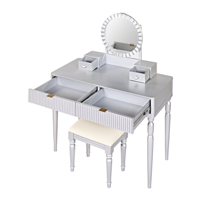 Bureau de coiffeuse de luxe avec miroir rond, hauteur réglable, ensemble de coiffeuse, 4 tiroirs et tabouret, argenté