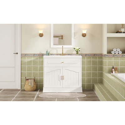 Meuble-lavabo 36 po en bois massif avec 2 portes, étagère réglable en céramique 34,99 po, portes à fermeture douce, décor classique