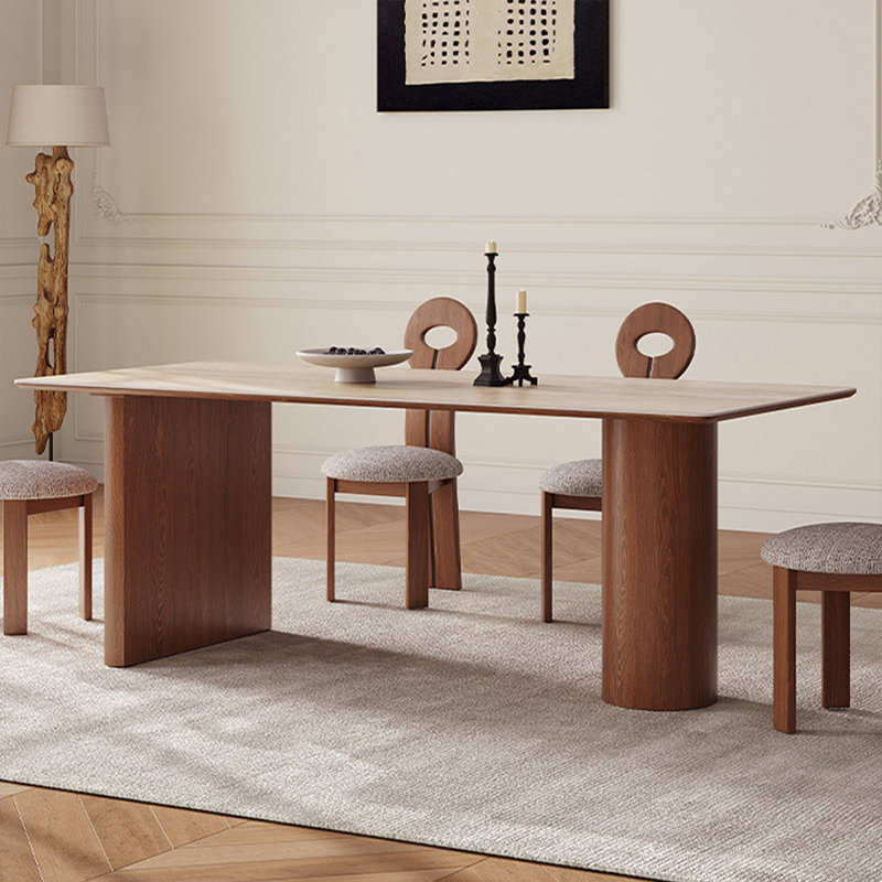 6 - Person Beige+Nut-brown Rectangular Solid Wood Sintered Stone Tabletop Dining Table Set