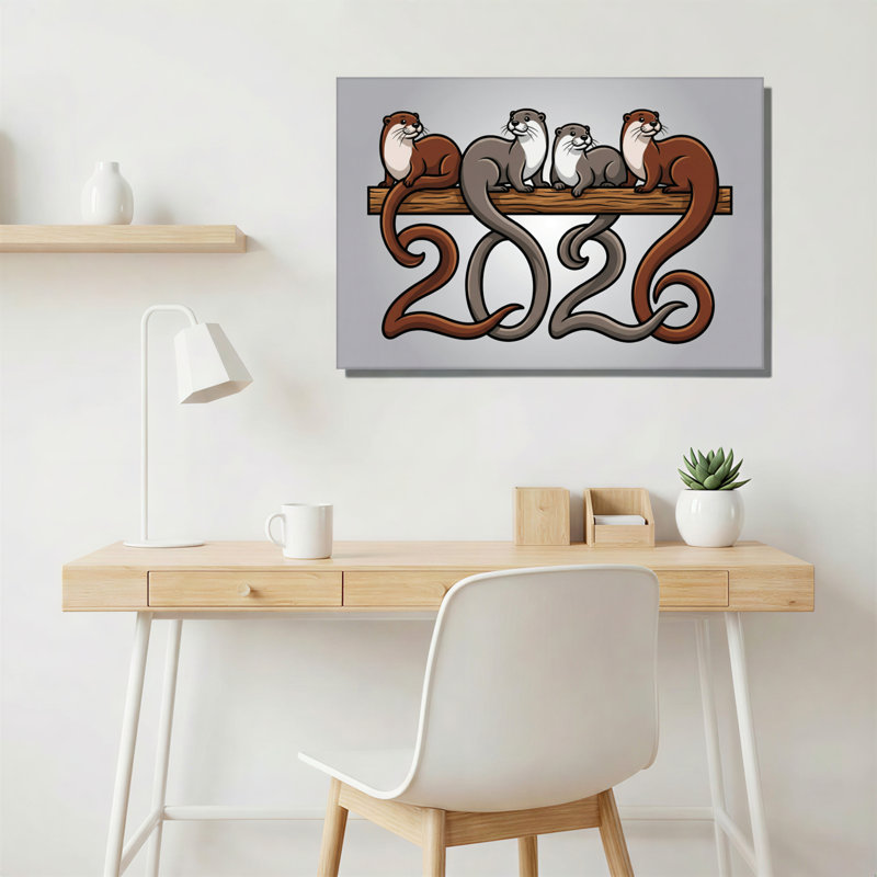 Ensemble de 1 tableau sur toile tendue « Famille de loutres » (2022), H 16 po x l 24 po