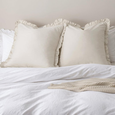 100% Washed Cotton Euro Shams with Ruffle, 2 Pack 26" x 26" Cotton Euro Sham Pillow Covers, No Insert, Ultra Soft Decorative Farmhouse Bedding for Bed Sofa