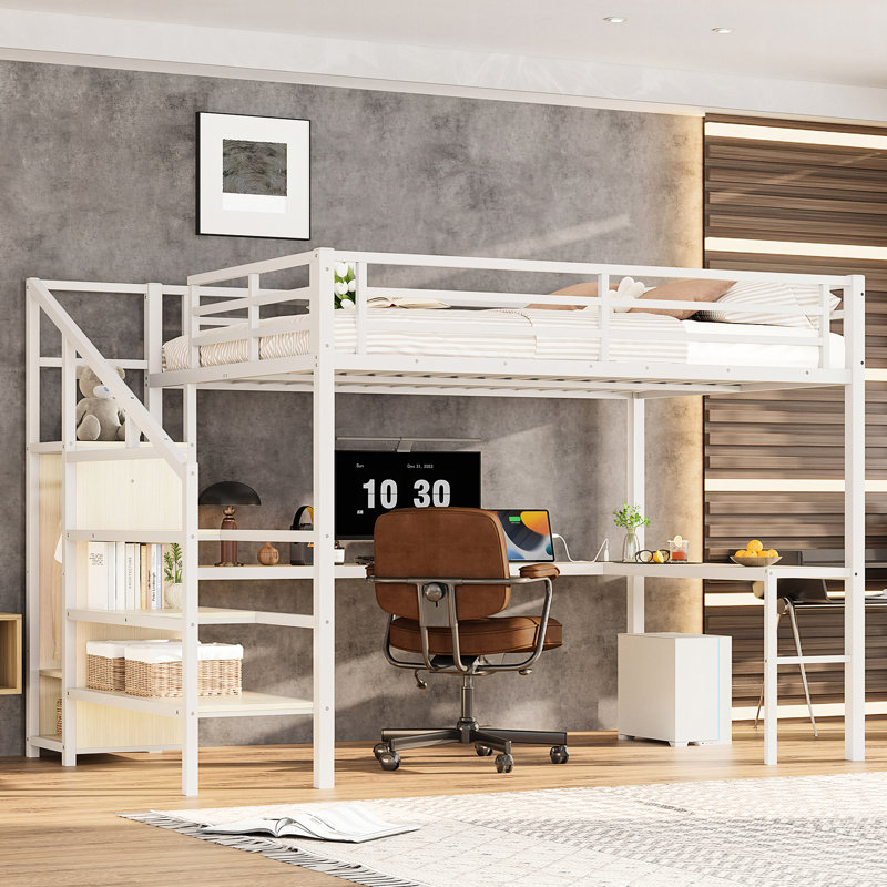 Lit mezzanine à grain de bois blanc avec grand lit, escalier, charge, luminaire à DEL et garde-robe pour la chambre des adolescents, rangement