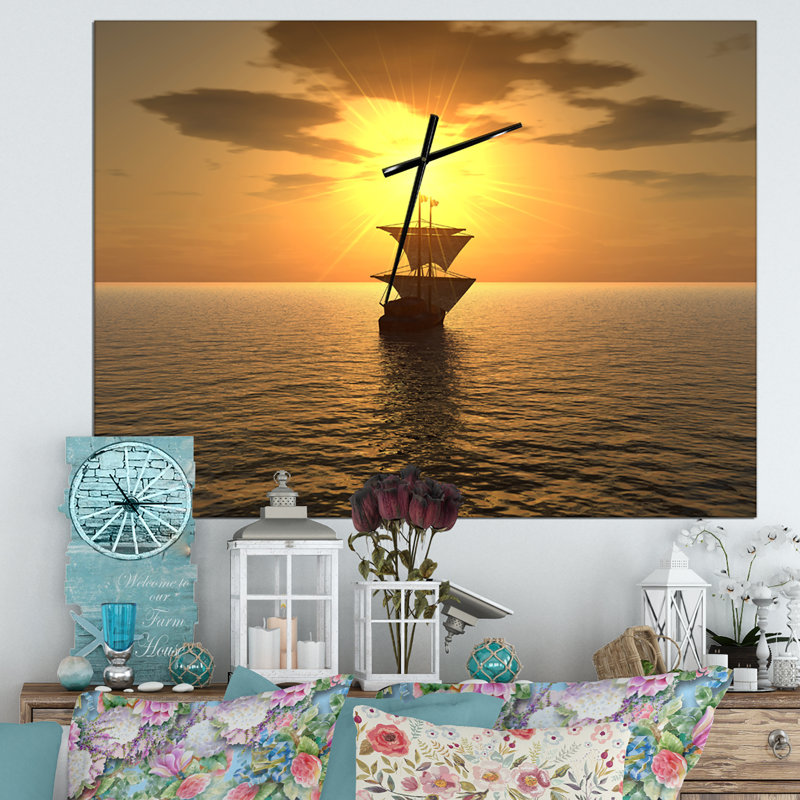 Ship and Sunset - Modern Wall Clock, Small