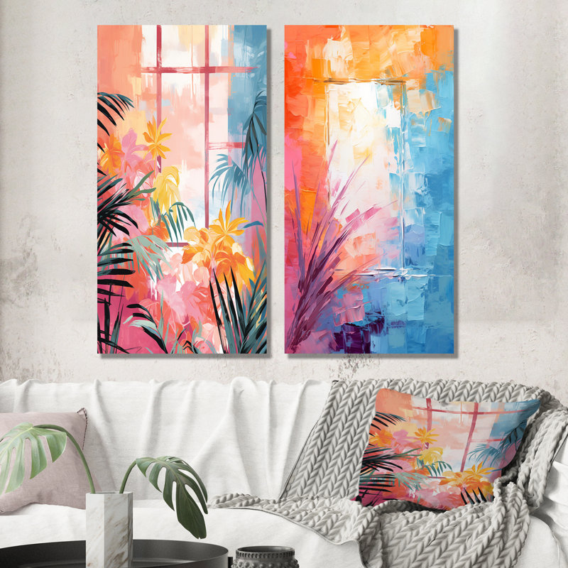 «Pastal Color Tropical Windows View II», ensemble d'art mural sur toile à motif floral abstrait, Toile tendue