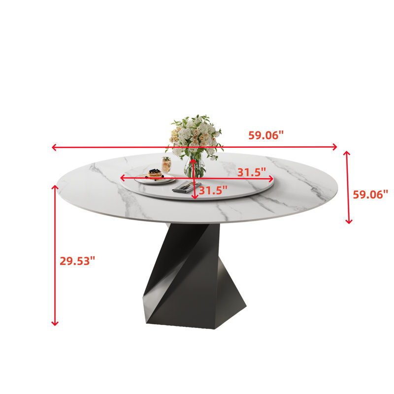 Table de salle à manger moderne 59,06 po avec plateau en pierre frittée, petit plateau tournant et base géométrique unique à multiples facettes