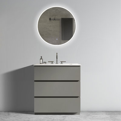 Meuble-lavabo gris Tia de 30 po avec lavabo et 3 trous de robinet, grand meuble-lavabo autoportant avec rangement pour salle de bain moderne, lavabo blanc une pièce sans drain ni robinet, pré-assemblé