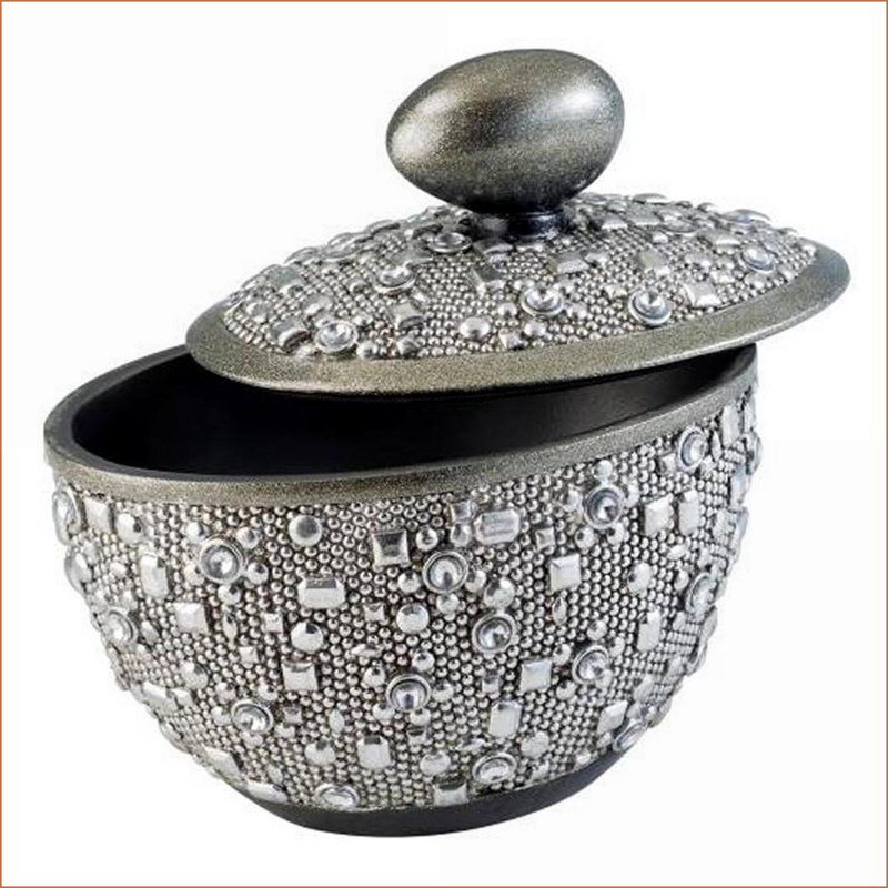Boîte à bijoux, rangement décoratif rond de 8 po de hauteur avec poignée en forme d'œuf | Finition argentée | Polyrésine