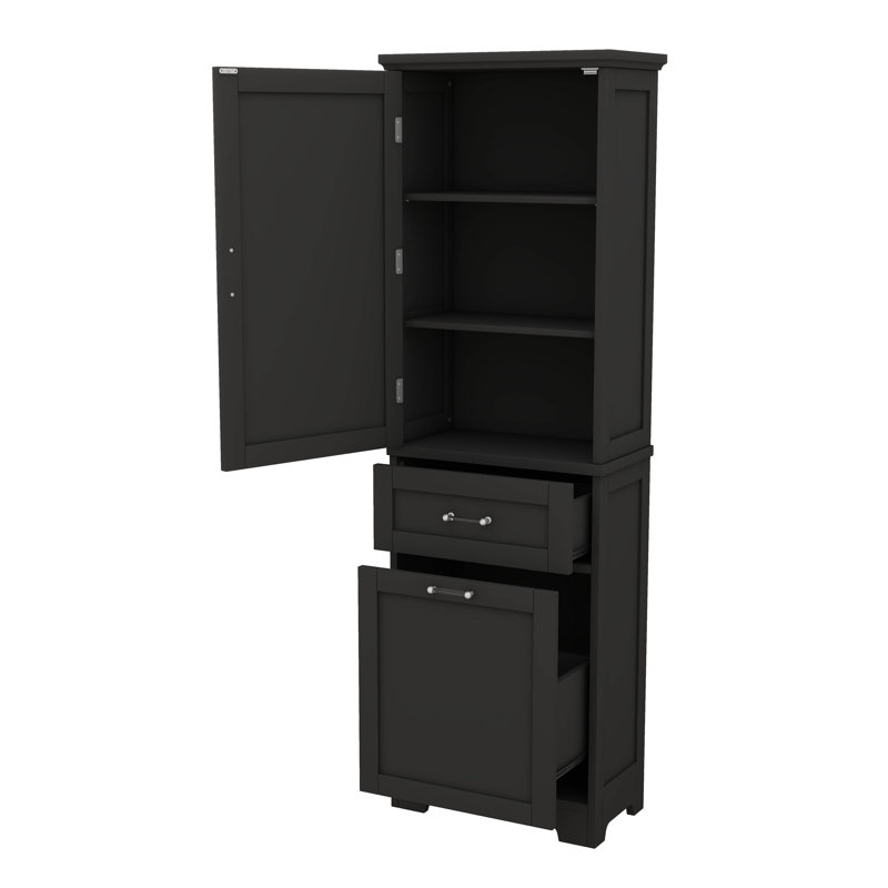Tall Bathroom Storage Cabinet Freestanding With Two Different Sized Drawers Adjustable Shelf Painted Board, Black