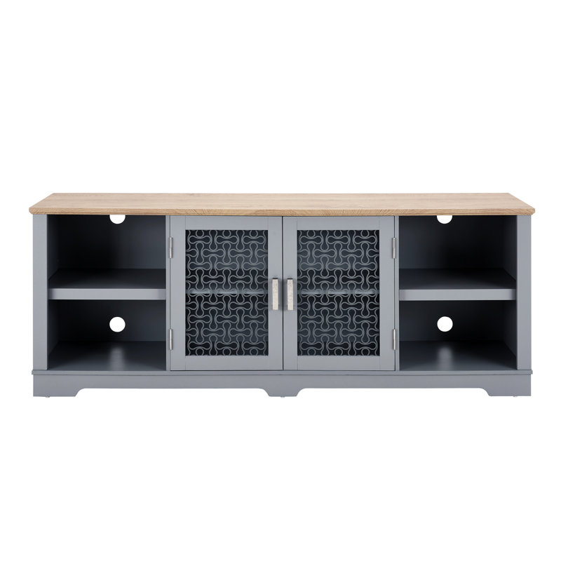Meuble télé avec finition bleue et chêne, jusqu'à 80 po, l 70 po x P 15,87 po, H 26,25 po, avec console polyvalente, chêne, compartiments à tablettes ouvertes