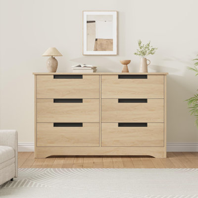 6 Drawer Dresser for Bedroom, Natural Modern Double Dresser Organizer with Embedded Handles Design, Wooden Chest of Drawers for Living Room, Nursery,
