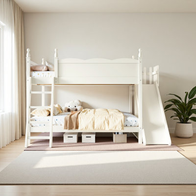 Lit superposé double au-dessus de double avec tablettes de rangement, lit superposé en bois massif avec glissière et échelles, conception à profil bas