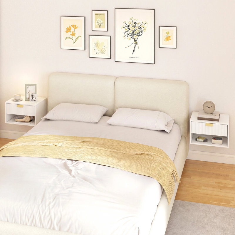 Ensemble de 2 tables de chevet flottantes avec tiroir ouvert cannelé blanc, Blanc